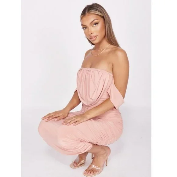 Pink Short Sleeve Off Shoulder Ruched Bodycon Midi Dress - Picture 13 of 14
